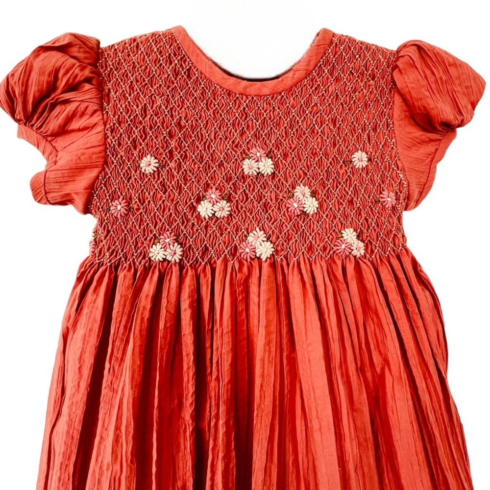 Girls Coral Smocked Embroidered Dress Size 3T